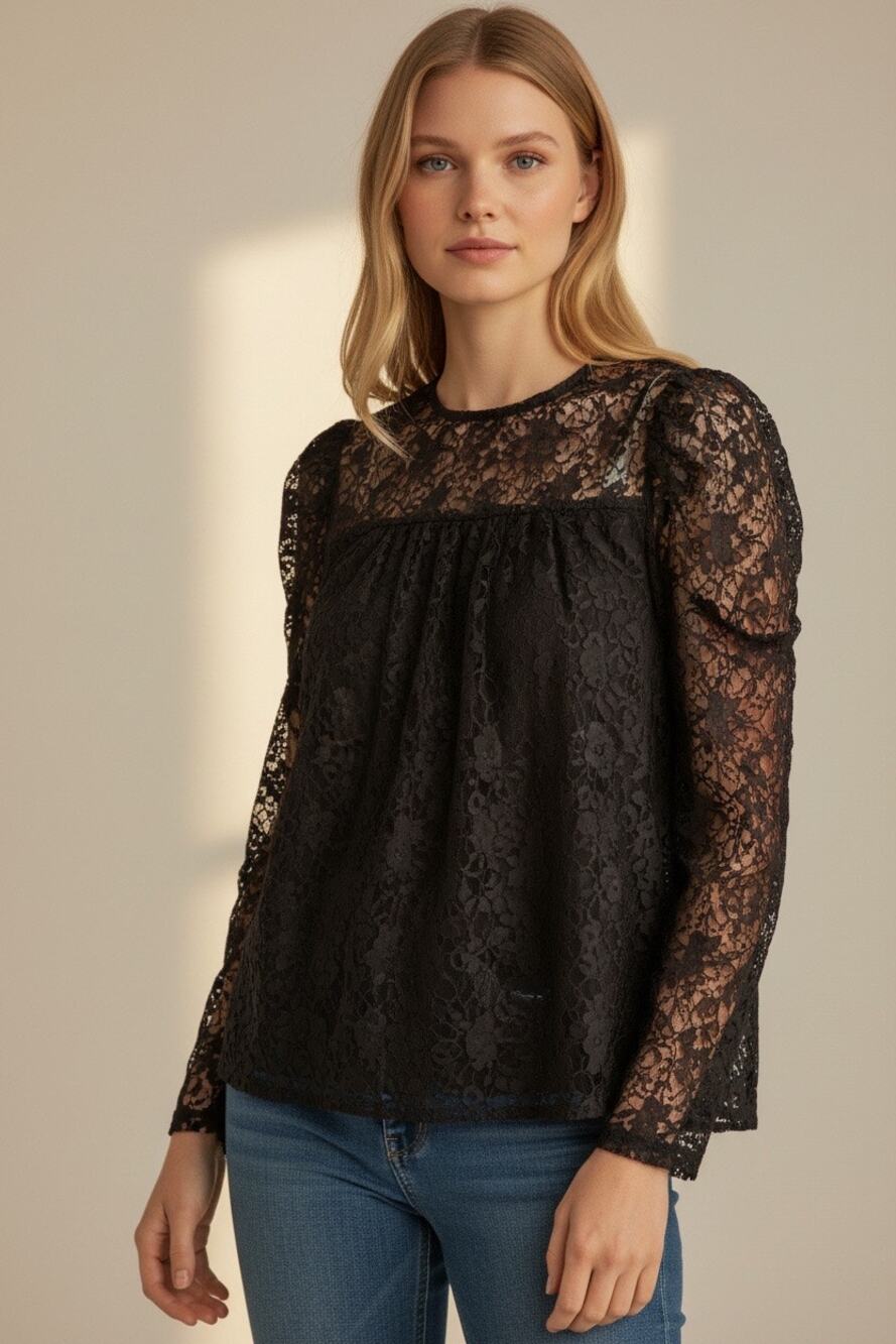 LOFT Petite XL Black Lace Blouse Puff Sleeve Sheer Yoke Button Cuff Top